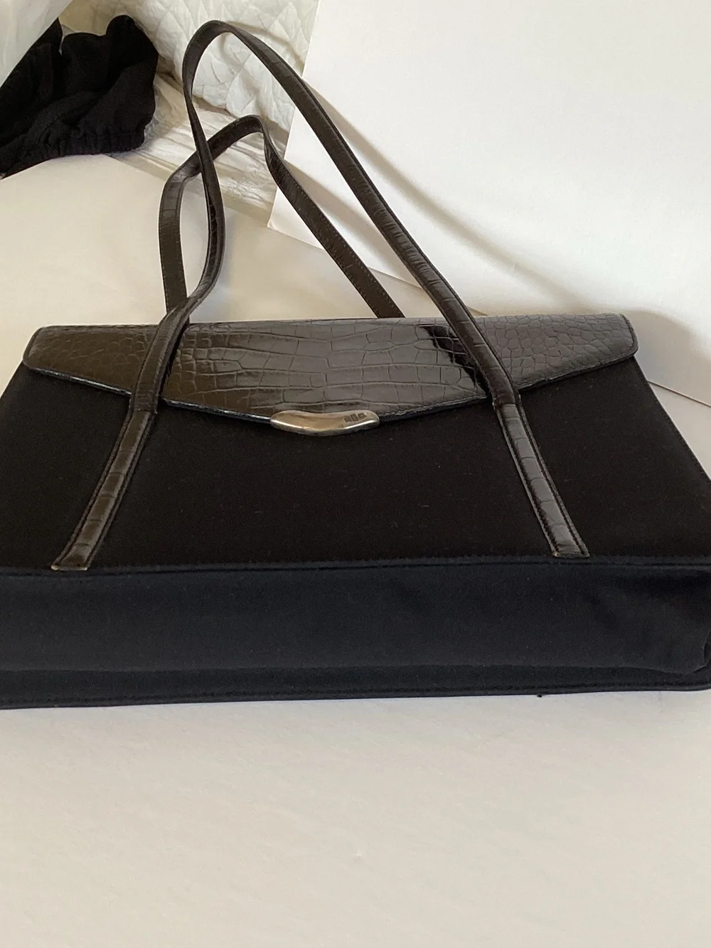 Vintage Ralph Lauren Black Shoulder Bag with Croc-Embossed Flap and straps